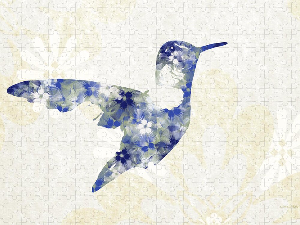 Hummingbird Jigsaw Puzzle featuring the mixed media Blue Floral Hummingbird Art by Christina Rollo
