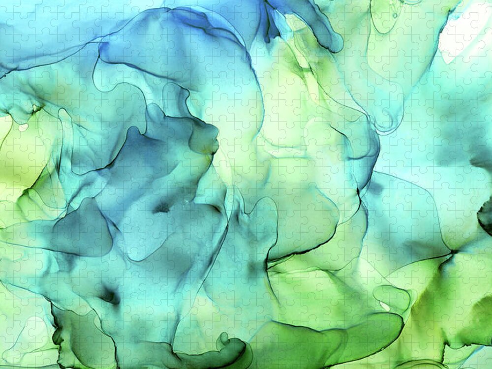 Ink Abstract Puzzle featuring the painting Blue Green Abstract Ink Painting by Olga Shvartsur