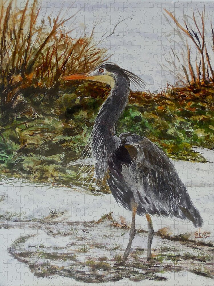 Watercolour Painting Jigsaw Puzzle featuring the painting Blue Heron by Sher Nasser