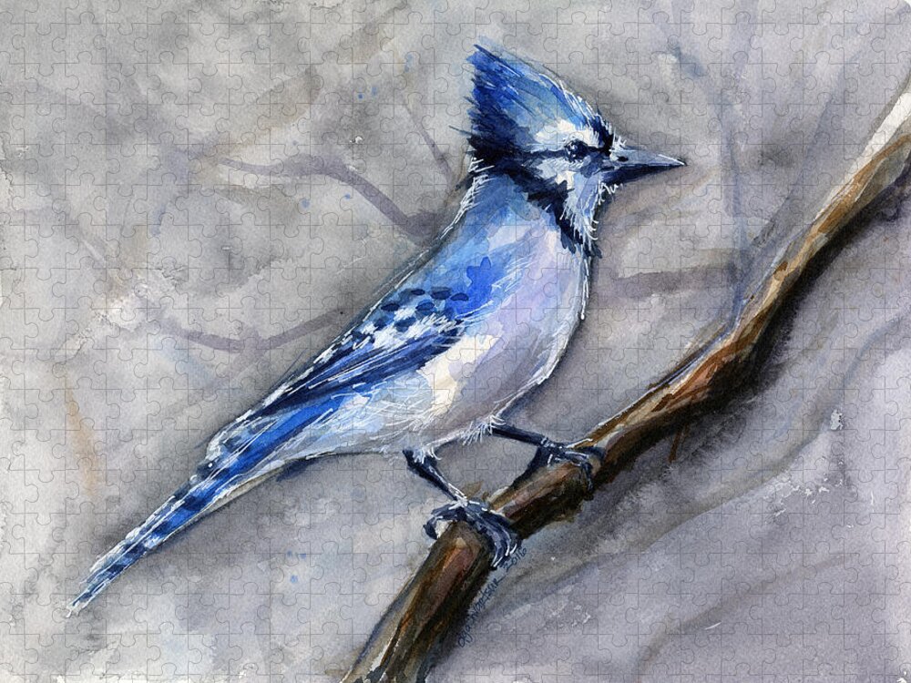 Animal Jigsaw Puzzle featuring the painting Blue Jay Watercolor by Olga Shvartsur