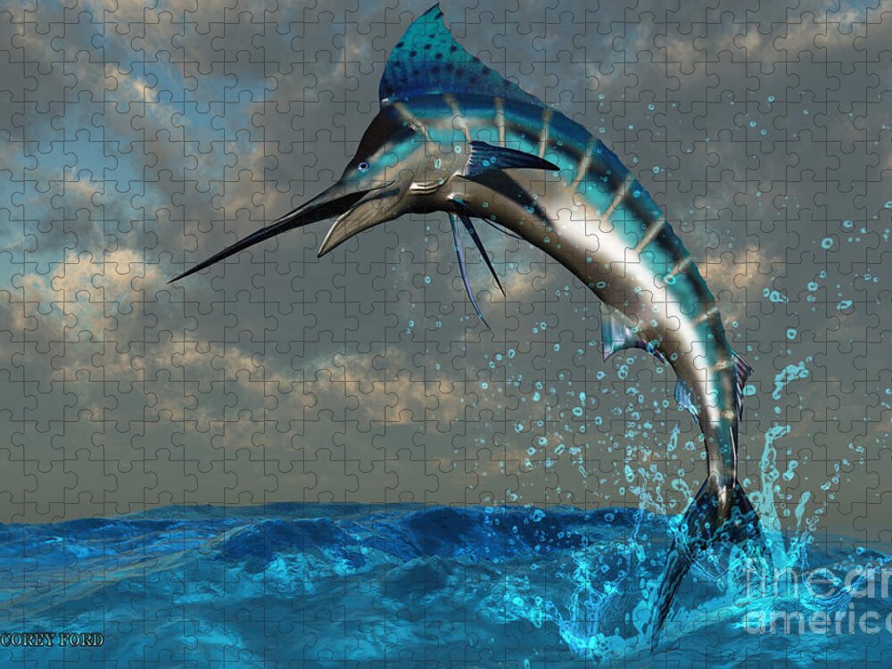 Marlin Jigsaw Puzzle featuring the painting Blue Marlin Splash by Corey Ford