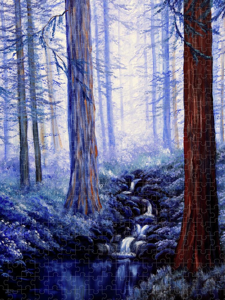 Redwoods Jigsaw Puzzle featuring the painting Blue Misty Morning in the Redwoods by Laura Iverson