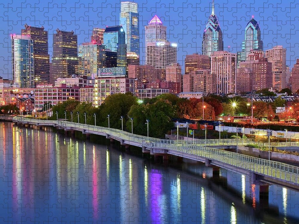 Philadelphia Jigsaw Puzzle featuring the photograph Blue Night Lights in Philly by Frozen in Time Fine Art Photography