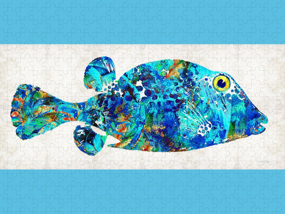 Fish Jigsaw Puzzle featuring the painting Blue Puffer Fish Art by Sharon Cummings by Sharon Cummings