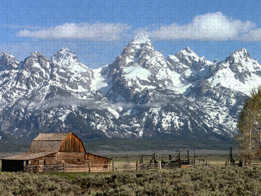 Moulton Barn Panorama Jigsaw Puzzle featuring the photograph Blue Spring Skies Over Mormon Row by Adam Jewell