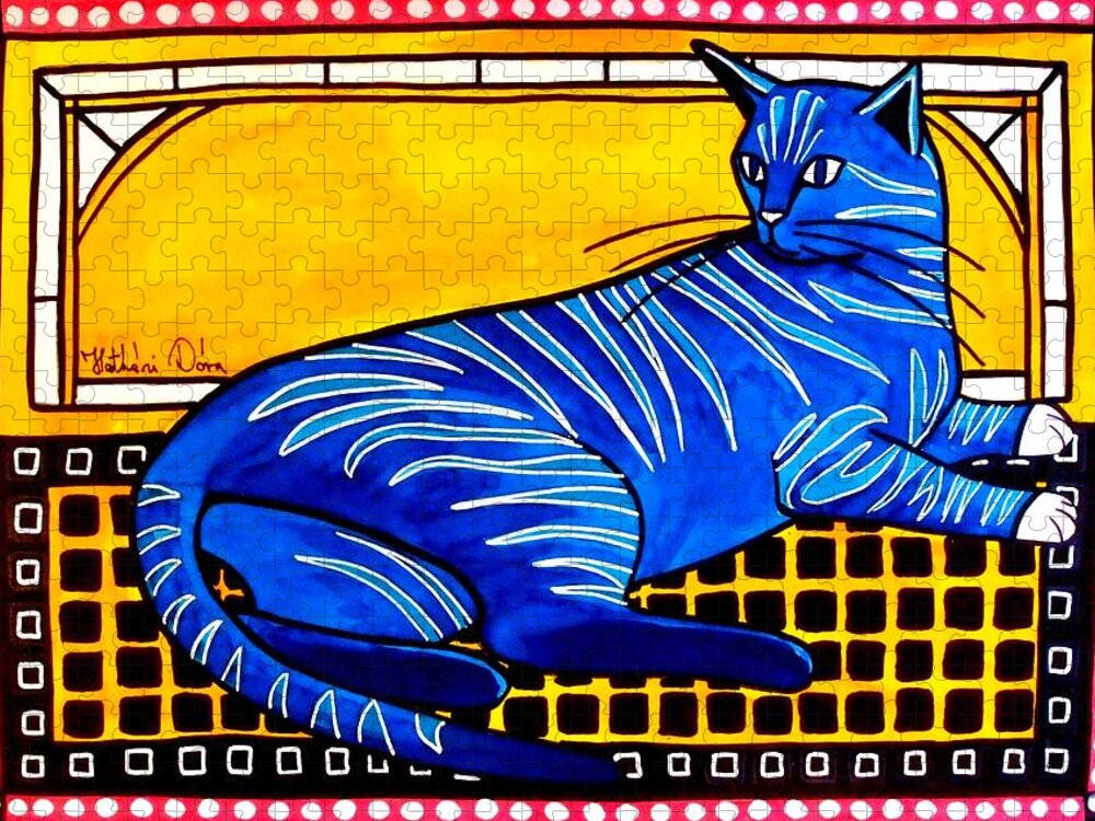 For Kids Jigsaw Puzzle featuring the painting Blue Tabby - Cat Art by Dora Hathazi Mendes by Dora Hathazi Mendes