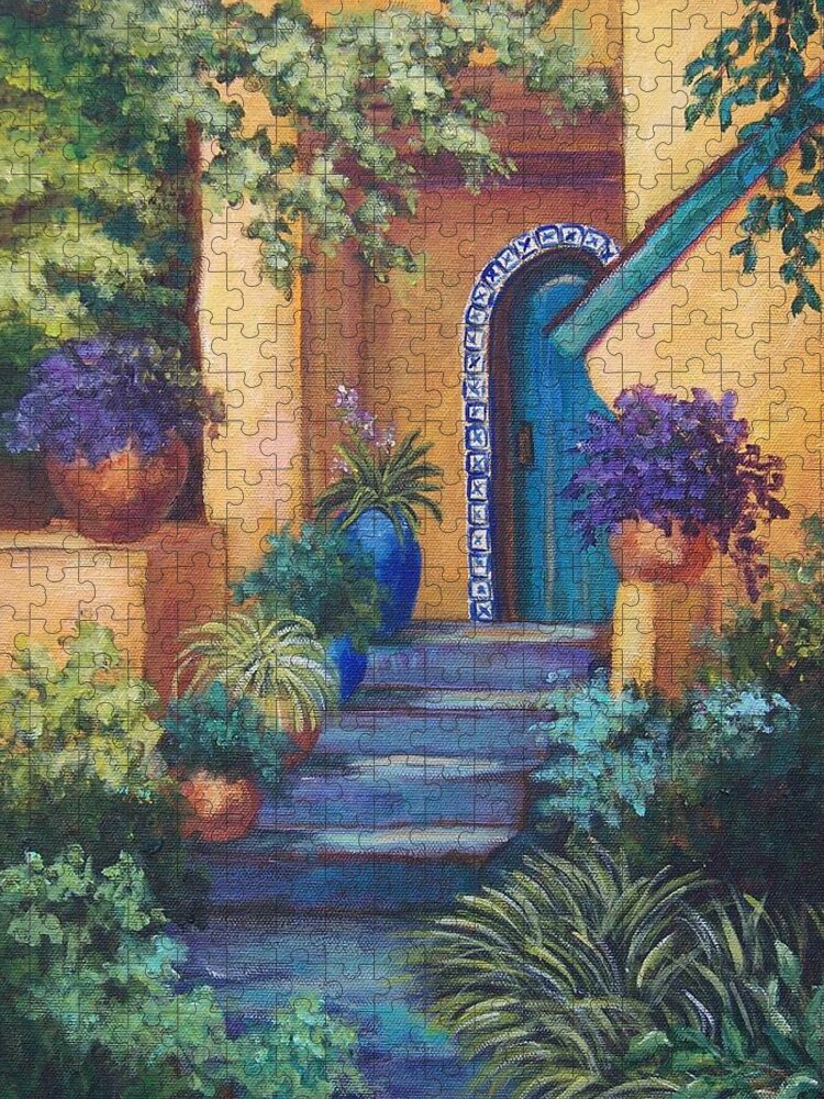 Adobe House Jigsaw Puzzle featuring the painting Blue Tile Steps by Candy Mayer
