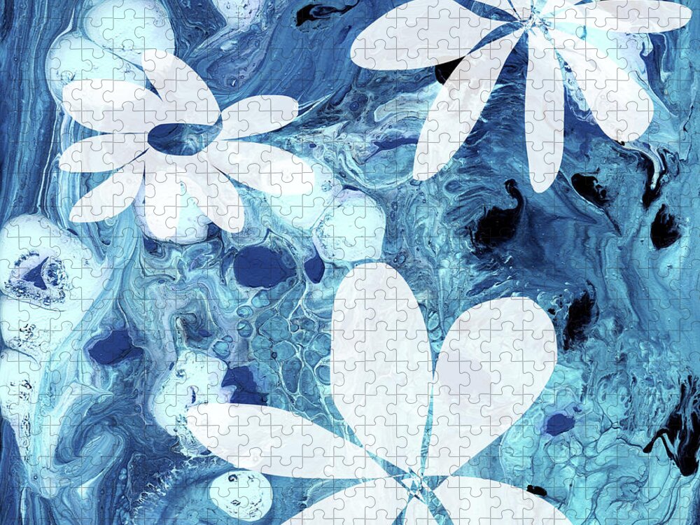 Indigo Puzzle featuring the mixed media Blue Water Flowers- Art by Linda Woods by Linda Woods