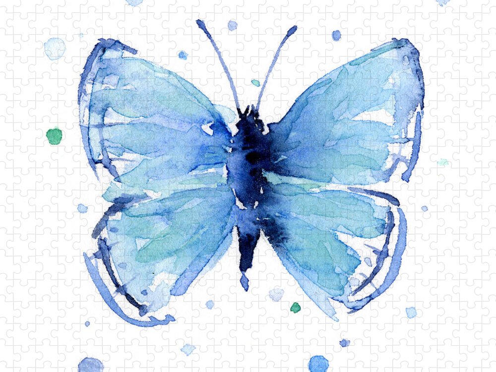 Watercolor Jigsaw Puzzle featuring the painting Blue Watercolor Butterfly by Olga Shvartsur
