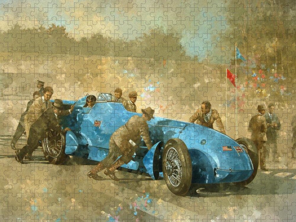 Car; Race Car; Vehicle; Racing; Track; Racetrack; Race Track; Vintage; Racer; Blue; Team; Pushing; Sportscar; Land Speed Test Jigsaw Puzzle featuring the painting Bluebird by Peter Miller 