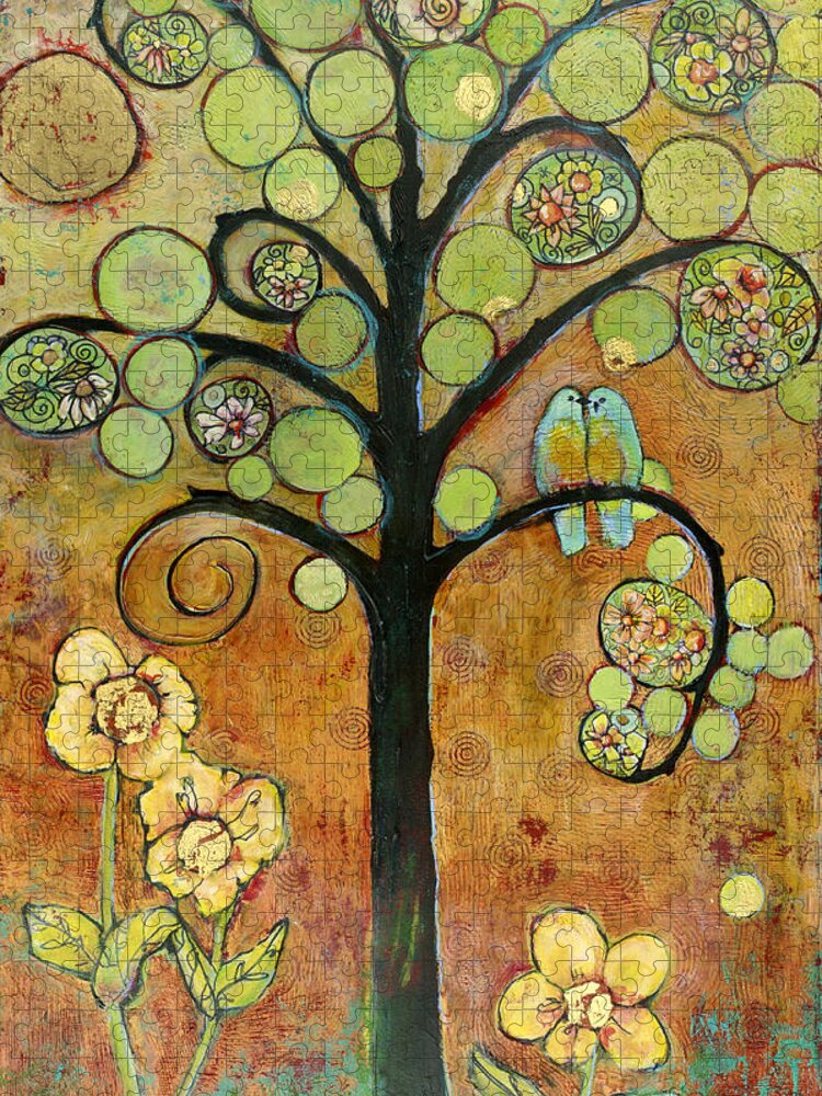 Sun Jigsaw Puzzle featuring the painting Boho Bluebird Tree of Life by Blenda Studio