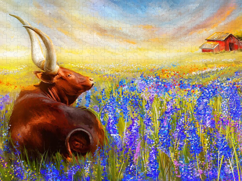 Texas Longhorn Jigsaw Puzzle featuring the painting Bluebonnet Dream - Bluebonnet Paintings by Lourry Legarde