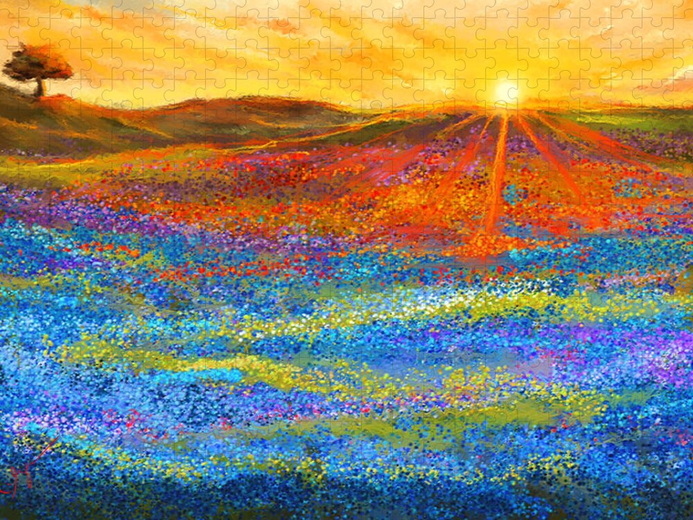 Bluebonnet Jigsaw Puzzle featuring the painting Bluebonnet Horizon - Bluebonnet Field Sunset by Lourry Legarde