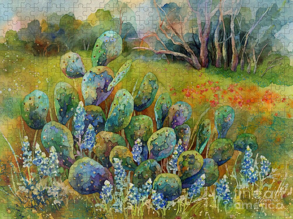 Cactus Puzzle featuring the painting Bluebonnets and Cactus by Hailey E Herrera