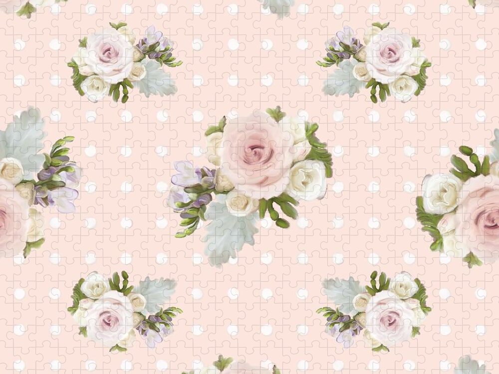 Blush Pink Jigsaw Puzzle featuring the painting Blush Pink Floral Rose Cluster w Dot Bedding Home Decor Art by Audrey Jeanne Roberts