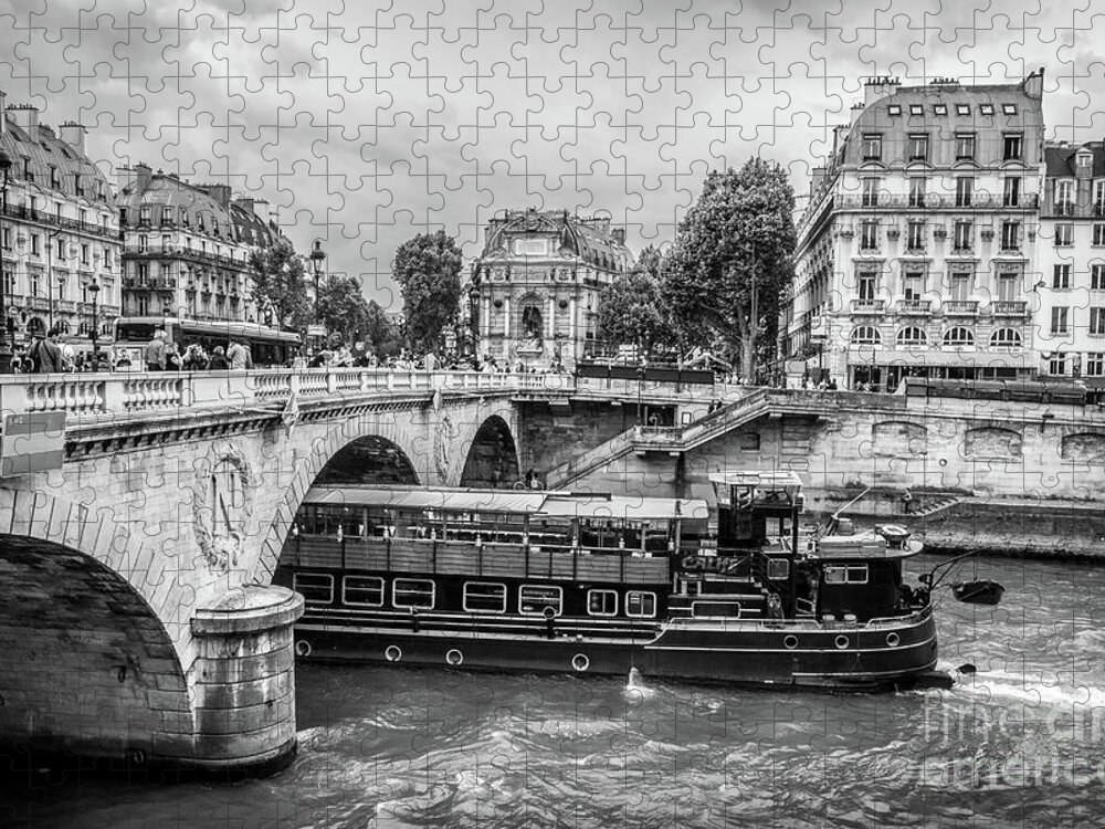 Black And White Jigsaw Puzzle featuring the photograph Boat Going Under Pont au Change in Paris, Blk Wht by Liesl Walsh