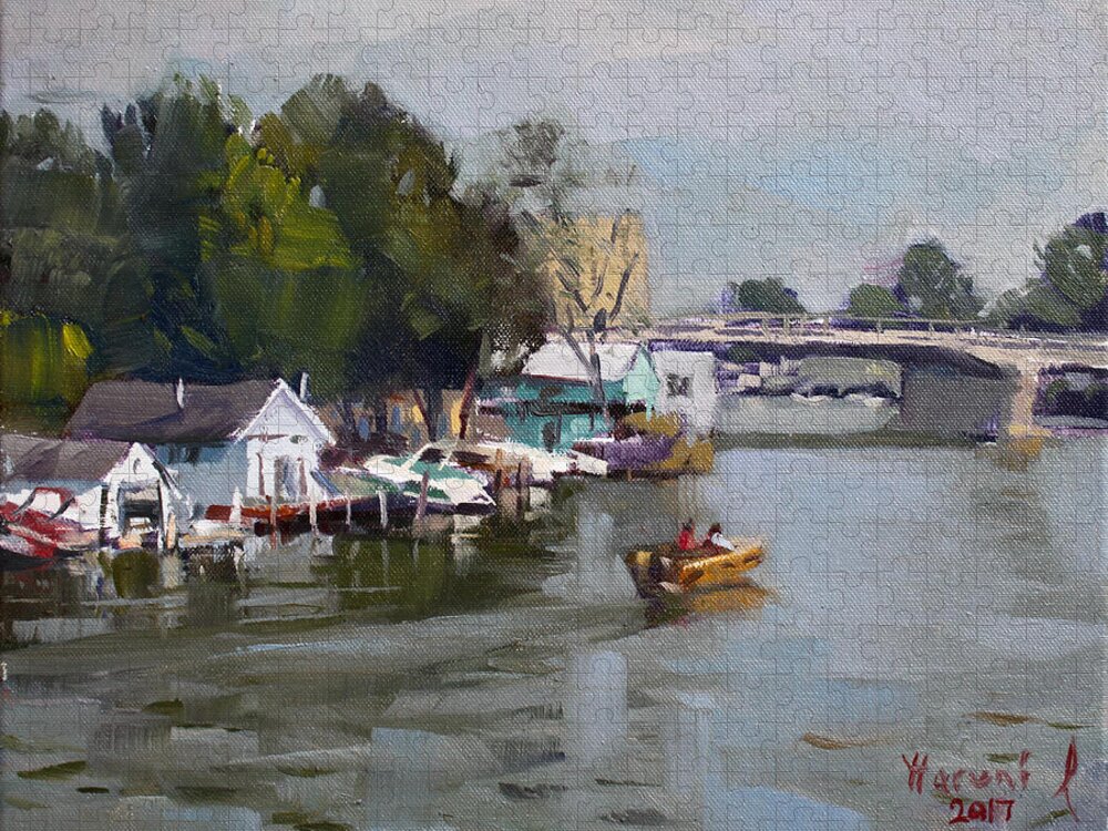 Boat Houses Jigsaw Puzzle featuring the painting Boat Houses at North Tonawanda by Ylli Haruni
