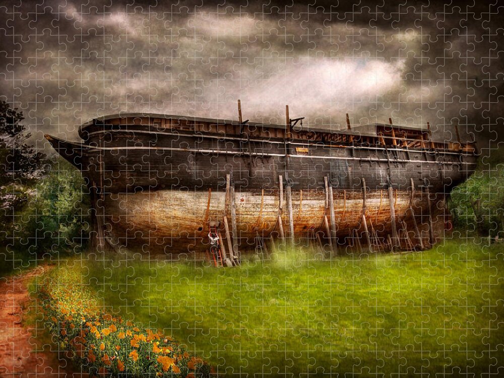 Suburbanscenes Jigsaw Puzzle featuring the photograph Boat - The construction of Noah's Ark by Mike Savad