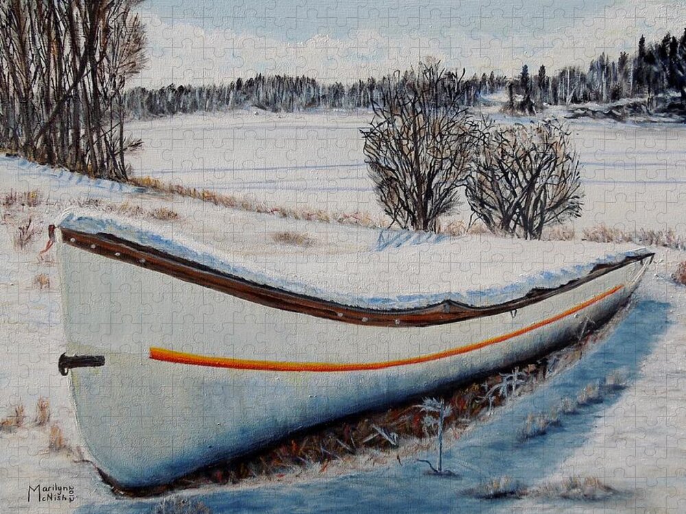 Boat Jigsaw Puzzle featuring the painting Boat under snow by Marilyn McNish