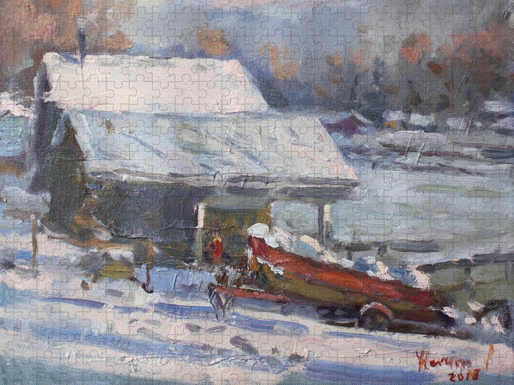 Boathouses Jigsaw Puzzle featuring the painting Boathouses along Frozen Canal by Ylli Haruni