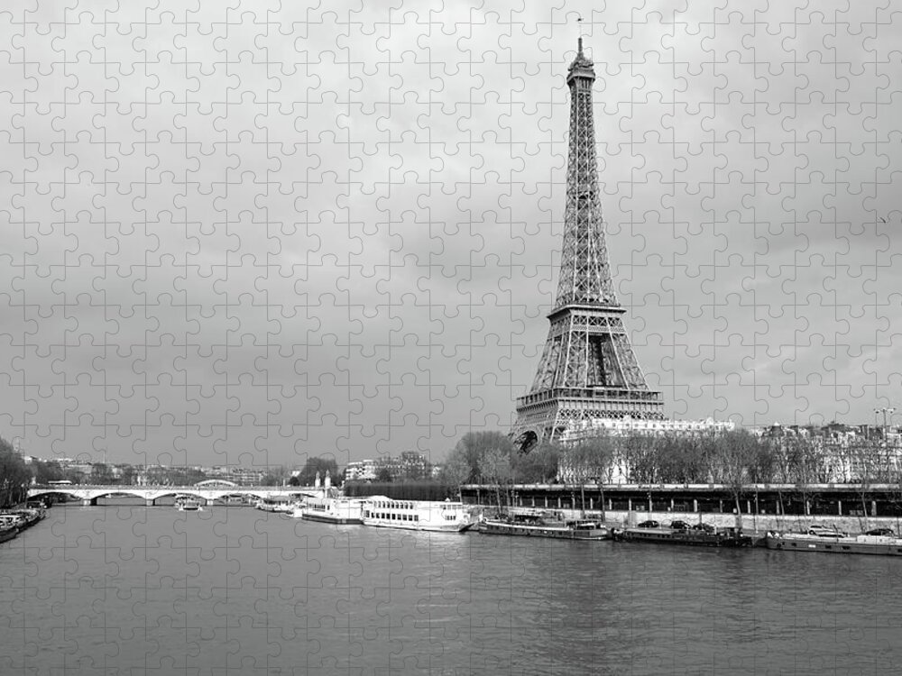 Eiffel Tower Jigsaw Puzzle featuring the photograph Boats Along the Seine River Left and Right Banks with Eiffel Tower Paris France Black and White by Shawn O'Brien
