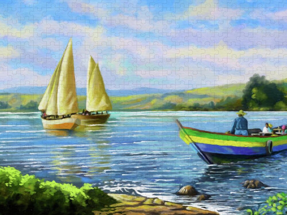 Lake Victoria Jigsaw Puzzle featuring the painting Boats at Lake Victoria by Anthony Mwangi