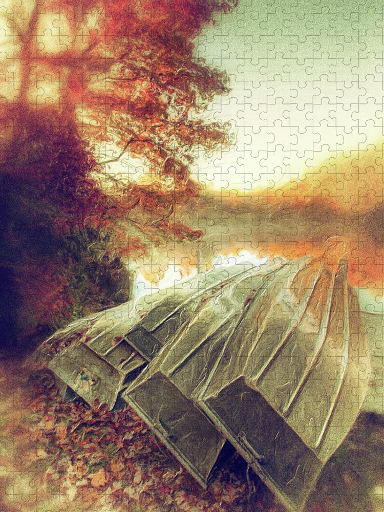 Blue Ridge Parkway Jigsaw Puzzle featuring the painting Boats on Price Lake During Autumn Sunrise AP by Dan Carmichael