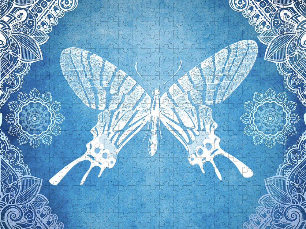 Bohemian Jigsaw Puzzle featuring the mixed media Bohemian Ornamental Butterfly Deep Blue Ombre illustration by Sharon Mau