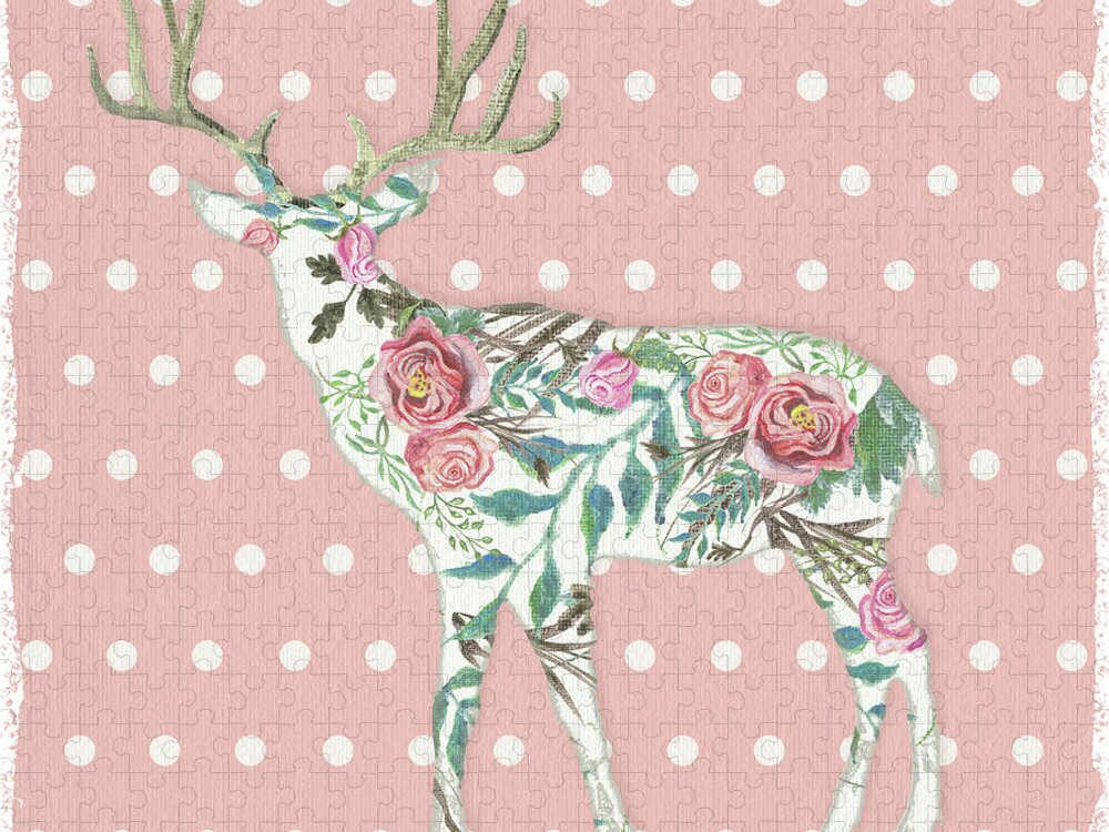Boho Jigsaw Puzzle featuring the painting BOHO Deer Silhouette Rose Floral Polka Dot by Audrey Jeanne Roberts