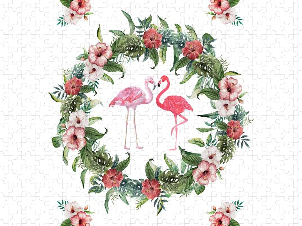 Tropical Flowers Jigsaw Puzzle featuring the digital art Boho Floral Tropical Wreath Flamingo by Georgeta Blanaru