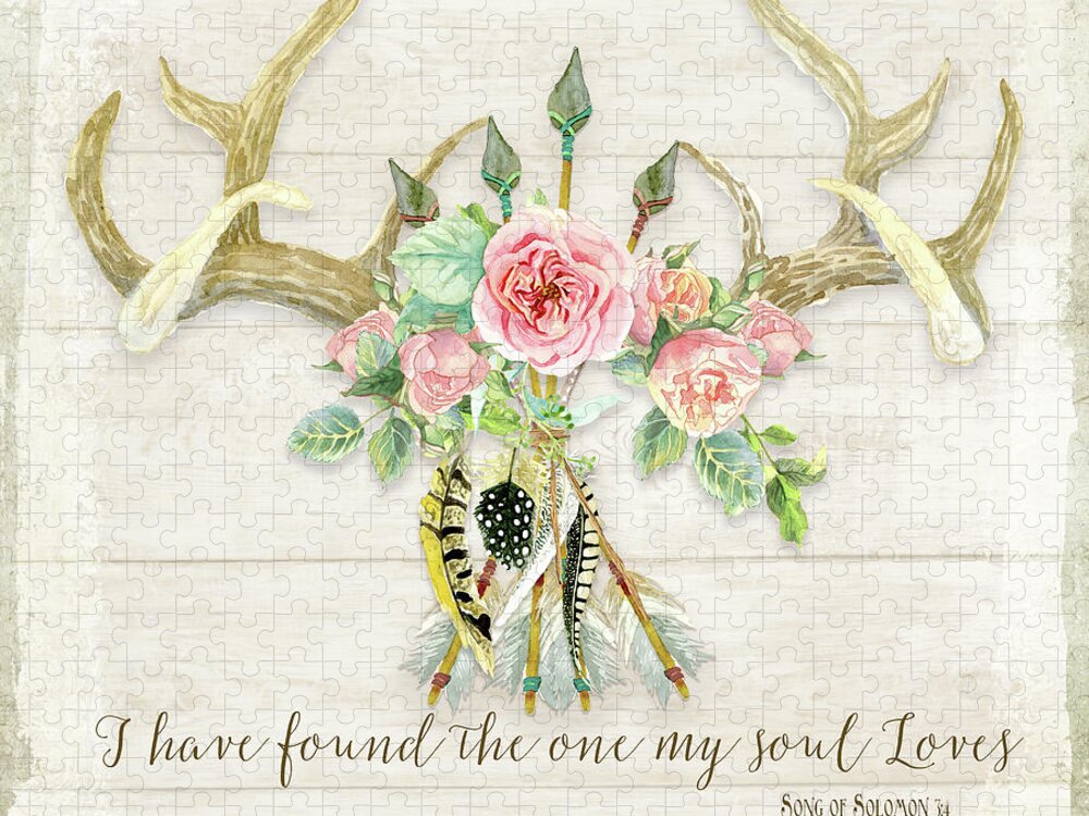 Watercolor Jigsaw Puzzle featuring the painting BOHO Love - Deer Antlers Floral Inspirational by Audrey Jeanne Roberts