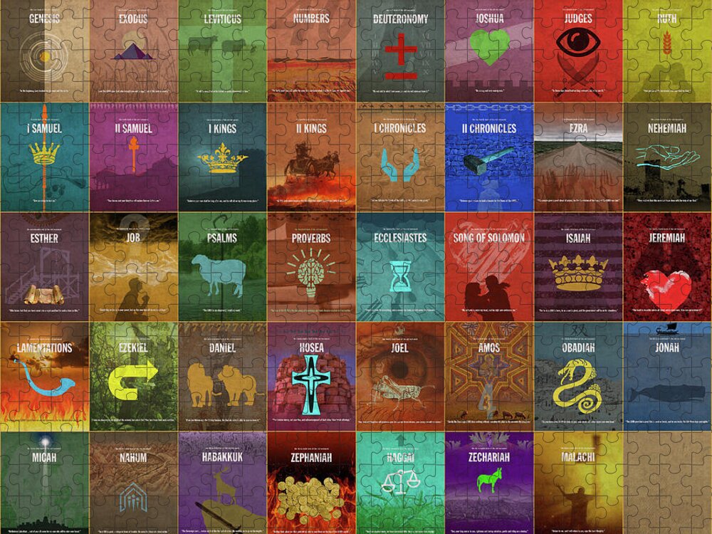 Books Of The Old Testament Jigsaw Puzzle featuring the mixed media Books of the Old Testament Graphic Design Minimal Poster Series Complete by Design Turnpike