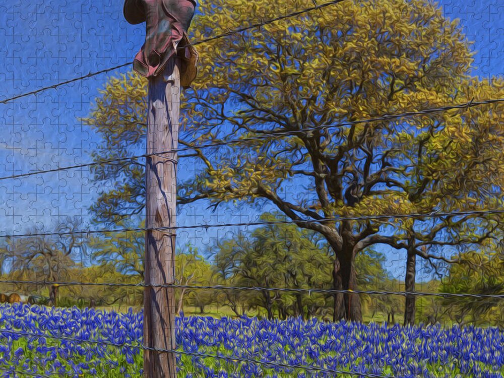 Bluebonnets Jigsaw Puzzle featuring the photograph Boot and Blubonnets by Stephen Stookey