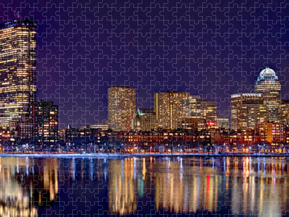 Boston Skyline At Night Jigsaw Puzzle featuring the photograph Boston Back Bay Skyline at Night 2017 Color Panorama 1 to 3 ratio by Jon Holiday