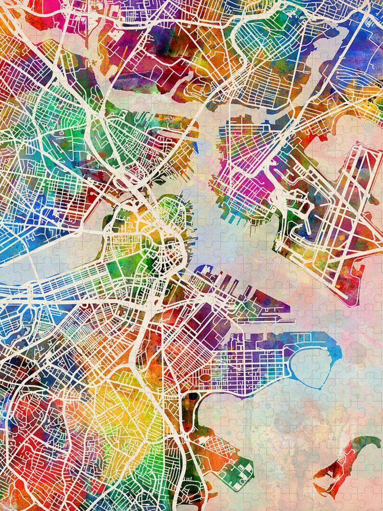Street Map Puzzle featuring the digital art Boston Massachusetts Street Map by Michael Tompsett