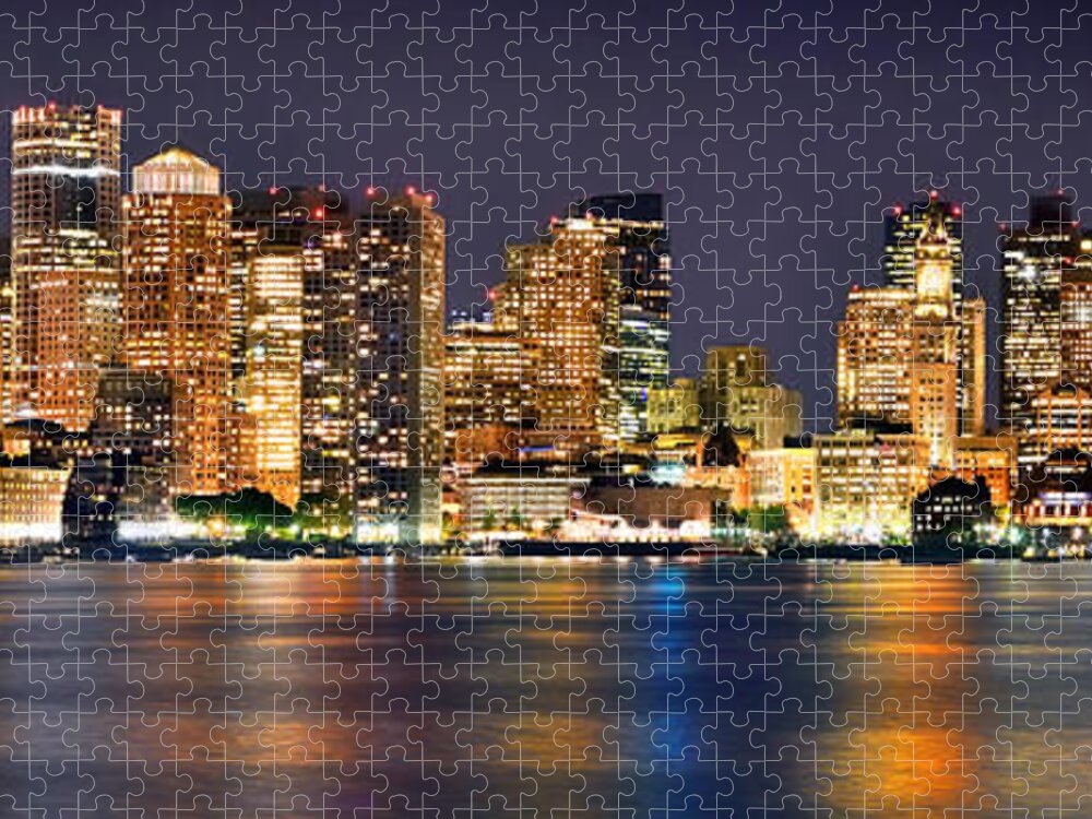 Boston Skyline At Night Jigsaw Puzzle featuring the photograph Boston Skyline at NIGHT Panorama by Jon Holiday