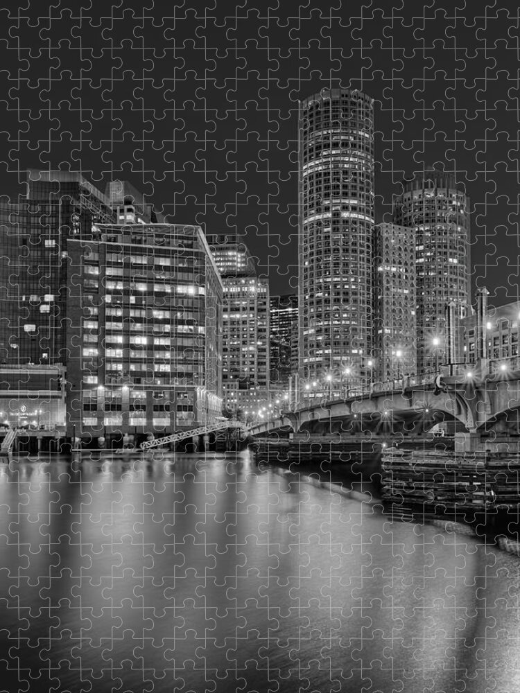 Boston Jigsaw Puzzle featuring the photograph Boston Skyline Blue Hour BW by Susan Candelario