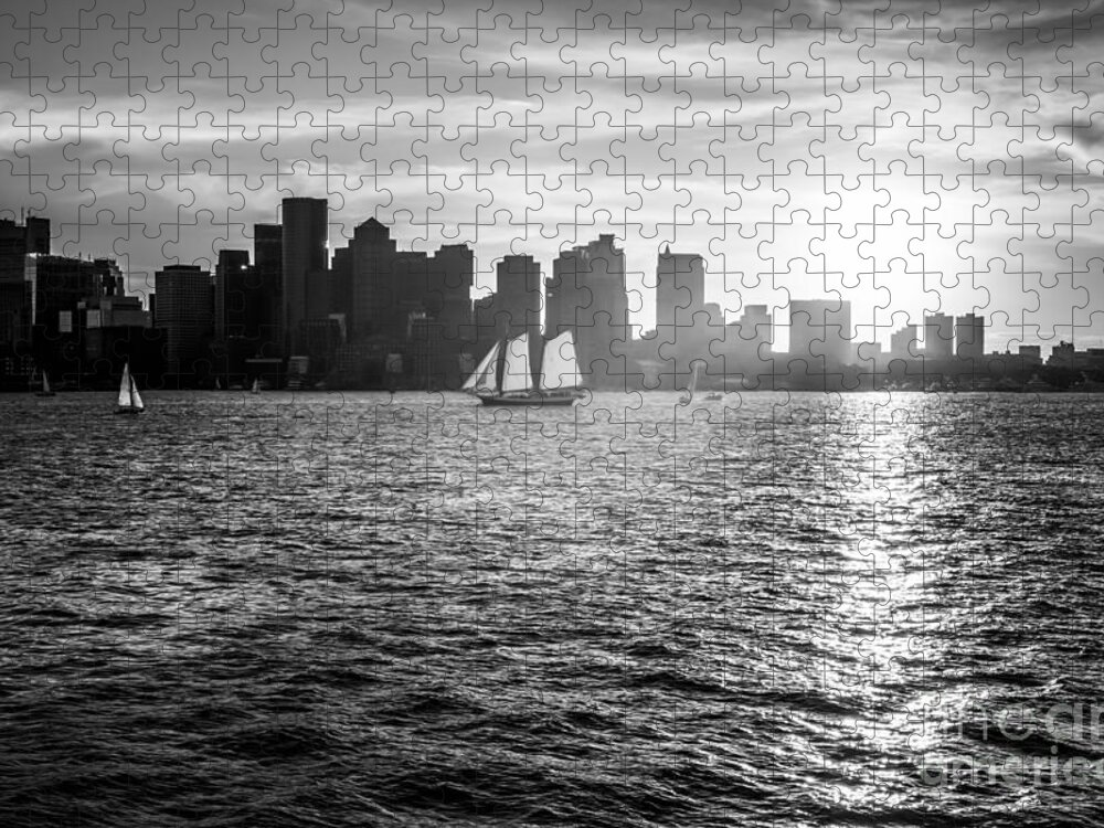 Bay Jigsaw Puzzle featuring the photograph Boston Skyline Sunset Black and White Photo by Paul Velgos
