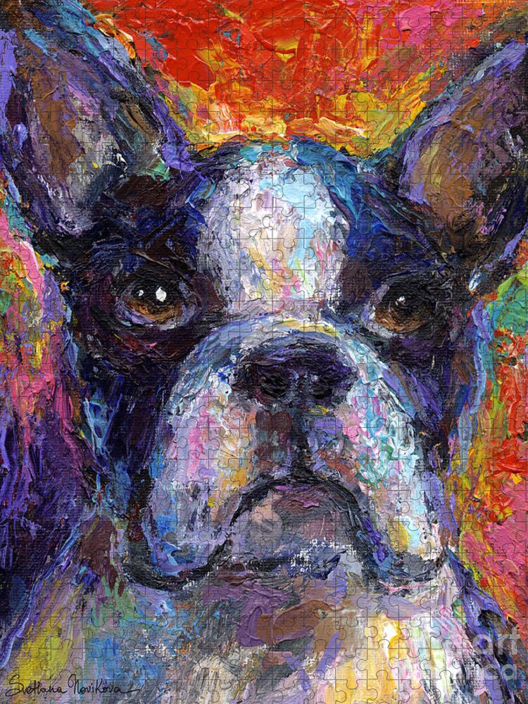 Boston Terrier Prints Jigsaw Puzzle featuring the painting Boston Terrier Impressionistic portrait painting by Svetlana Novikova