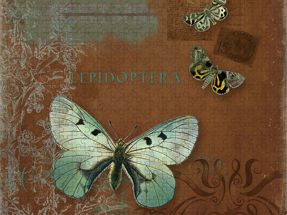 Wildflower Etchings Jigsaw Puzzle featuring the painting Botanica Vintage Butterflies n Moths Collage 4 by Audrey Jeanne Roberts