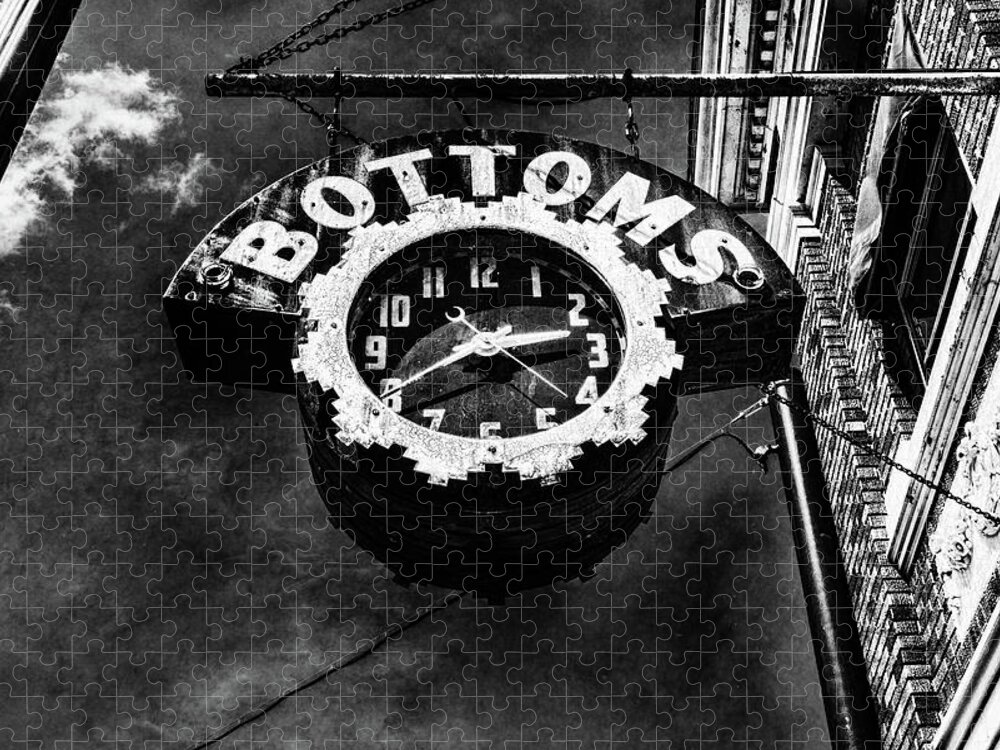 Bardstown Jigsaw Puzzle featuring the photograph Bottoms Clock Sign Black and White by Sharon Popek