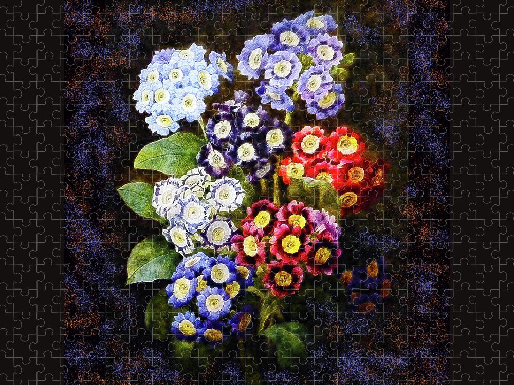 Auriculas Jigsaw Puzzle featuring the digital art Bouquet of Auriculas Redoute by Joy McKenzie