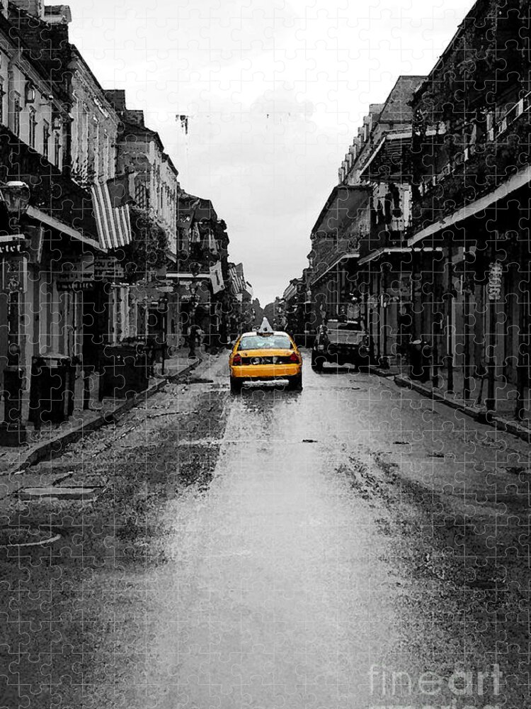 Travelpixpro French Quarter Jigsaw Puzzle featuring the digital art Bourbon Street Taxi French Quarter New Orleans Color Splash Black and White Watercolor Digital Art by Shawn O'Brien