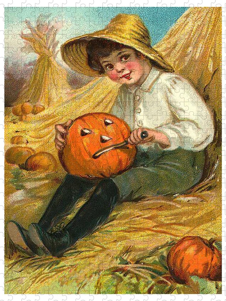 Boy Jigsaw Puzzle featuring the mixed media Boy carving a pumpkin by Long Shot