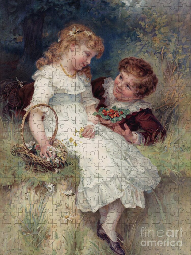 Boy Jigsaw Puzzle featuring the drawing Boy offering wild strawberries to his girl friend by English School