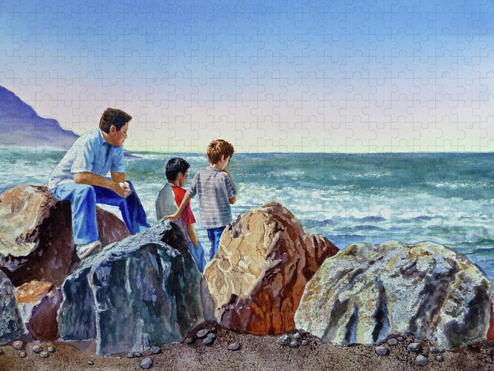 Ocean Jigsaw Puzzle featuring the painting Boys and The Ocean by Irina Sztukowski