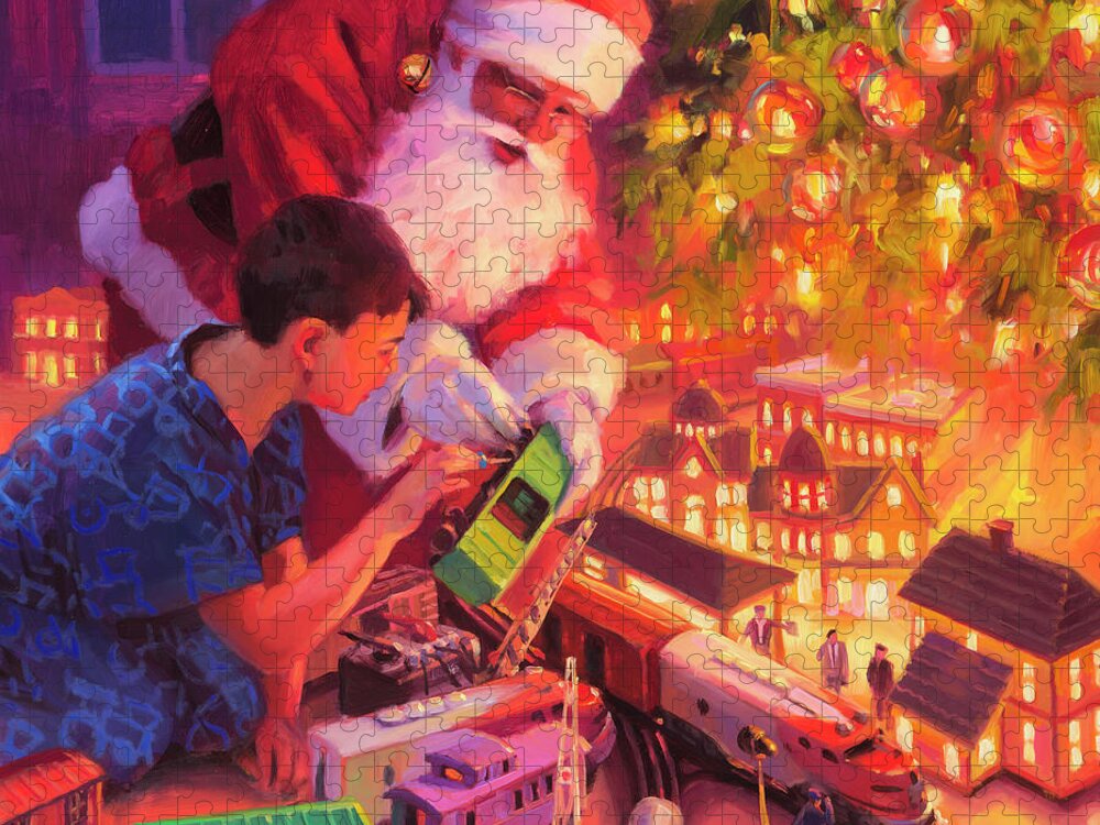 Santa Jigsaw Puzzle featuring the painting Boys and Their Trains by Steve Henderson
