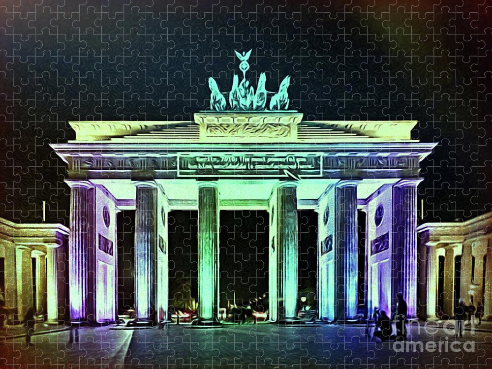 Germany Jigsaw Puzzle featuring the painting Brandenburg Gate at Night - green by Horst Rosenberger