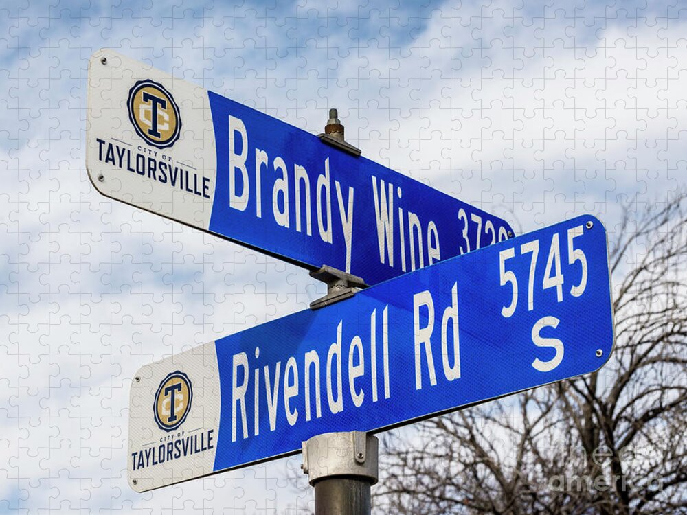 Brandywine And Rivendell - Lord Of The Rings Movie Themed Street Signs In Suburban Neighborhood. Jigsaw Puzzle featuring the photograph Brandywine And Rivendell Street Signs by Gary Whitton