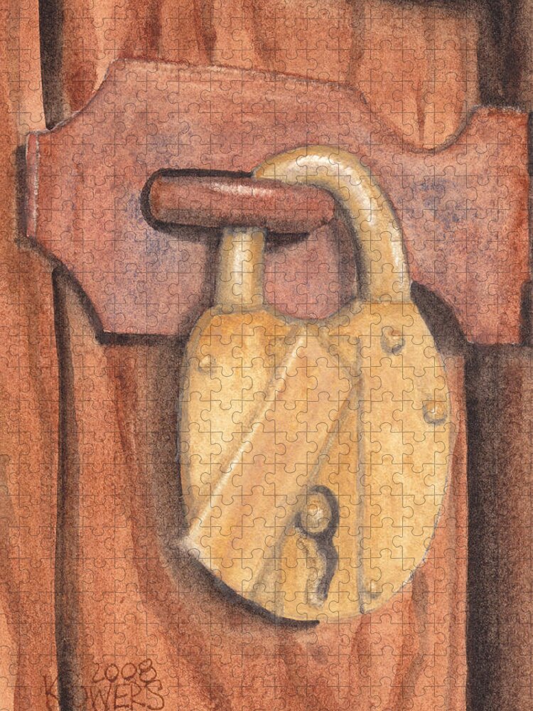 Brass Jigsaw Puzzle featuring the painting Brass Lock on Wooden Door by Ken Powers